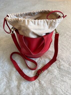 Madewell Red Leather Women’s Bucket Bag with Cream Canvas Drawstring